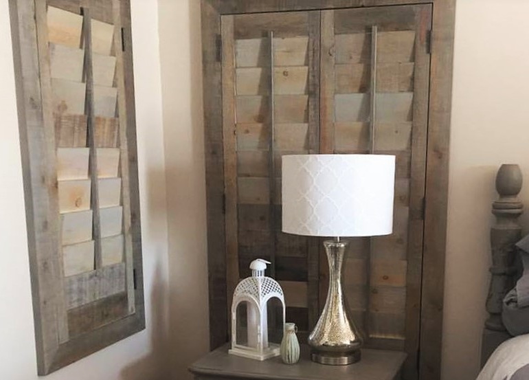 Cleveland bedroom with repurposed wood shutters.